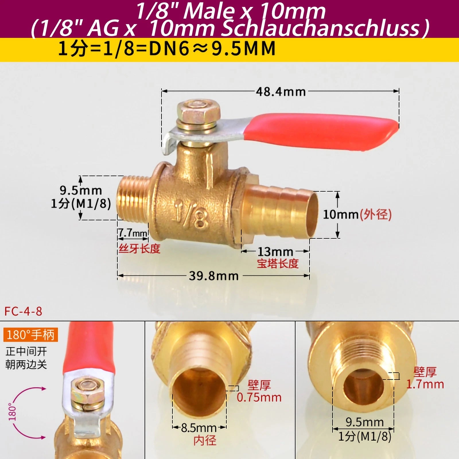 Brass Ball Valve Shut-Off Fittings — 1/8" 1/4" 3/8" NPT & Metric Barb
