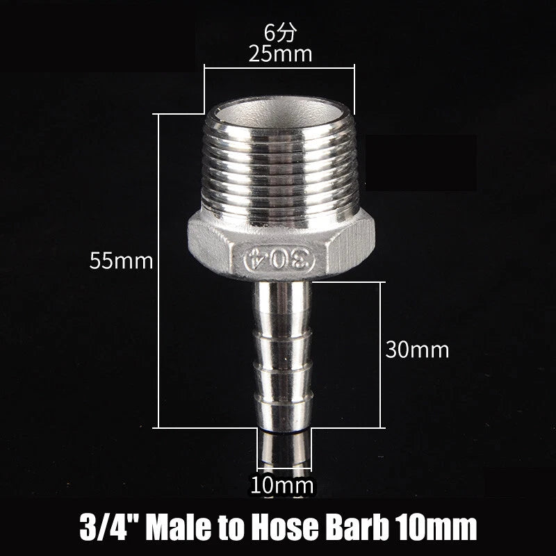 BSP Stainless Steel Male Hose Barb Fitting — 1/2" & 3/4" to Barb Connector