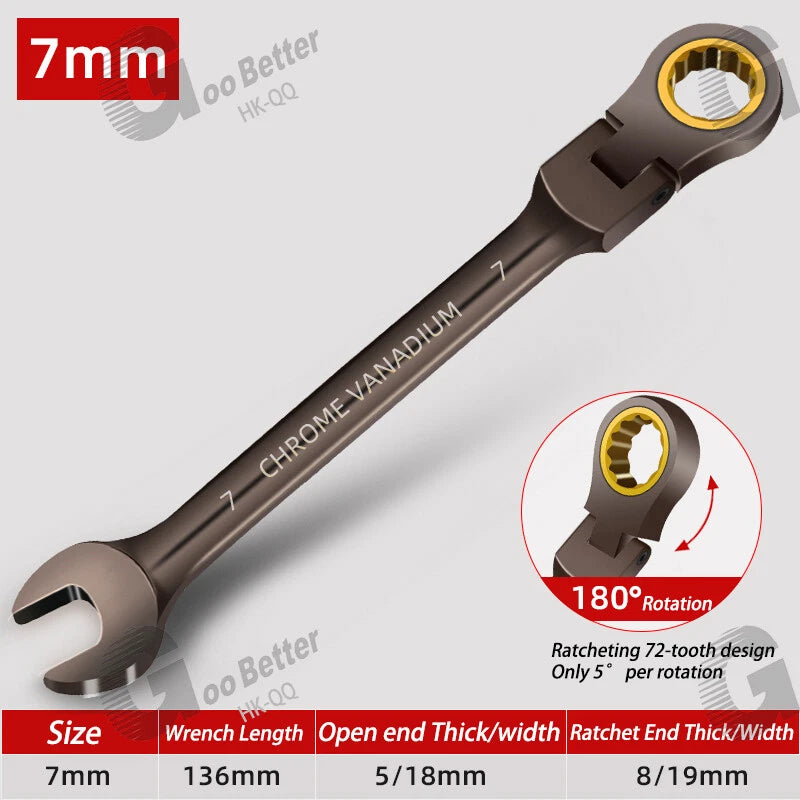 Ratchet Spanner Combination Fixed & Flexi 6 - 19mm 14 x Sizes Tool Wrench