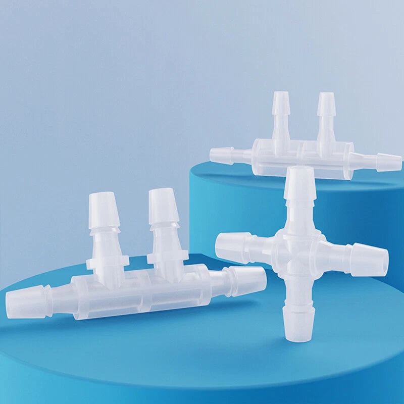 4-Way Plastic Hose Connector — Cross & Slant Equal Joint, OD 2.4mm–12.7mm