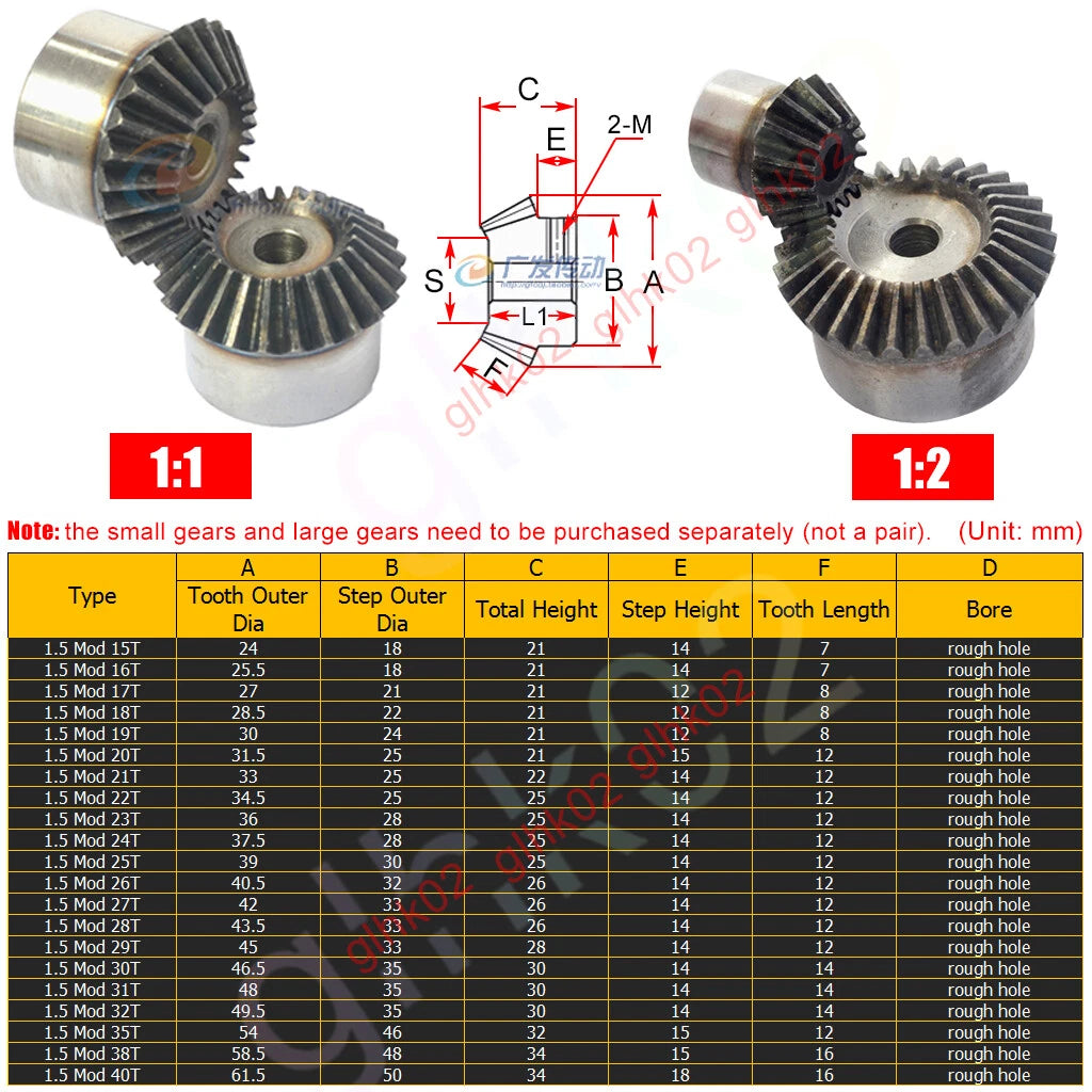 Bevel Gears 1 1.5 2 2.5 3 4 5 Mod 15-40 Teeth 45 Degree Bevels Carbon Steel Hard