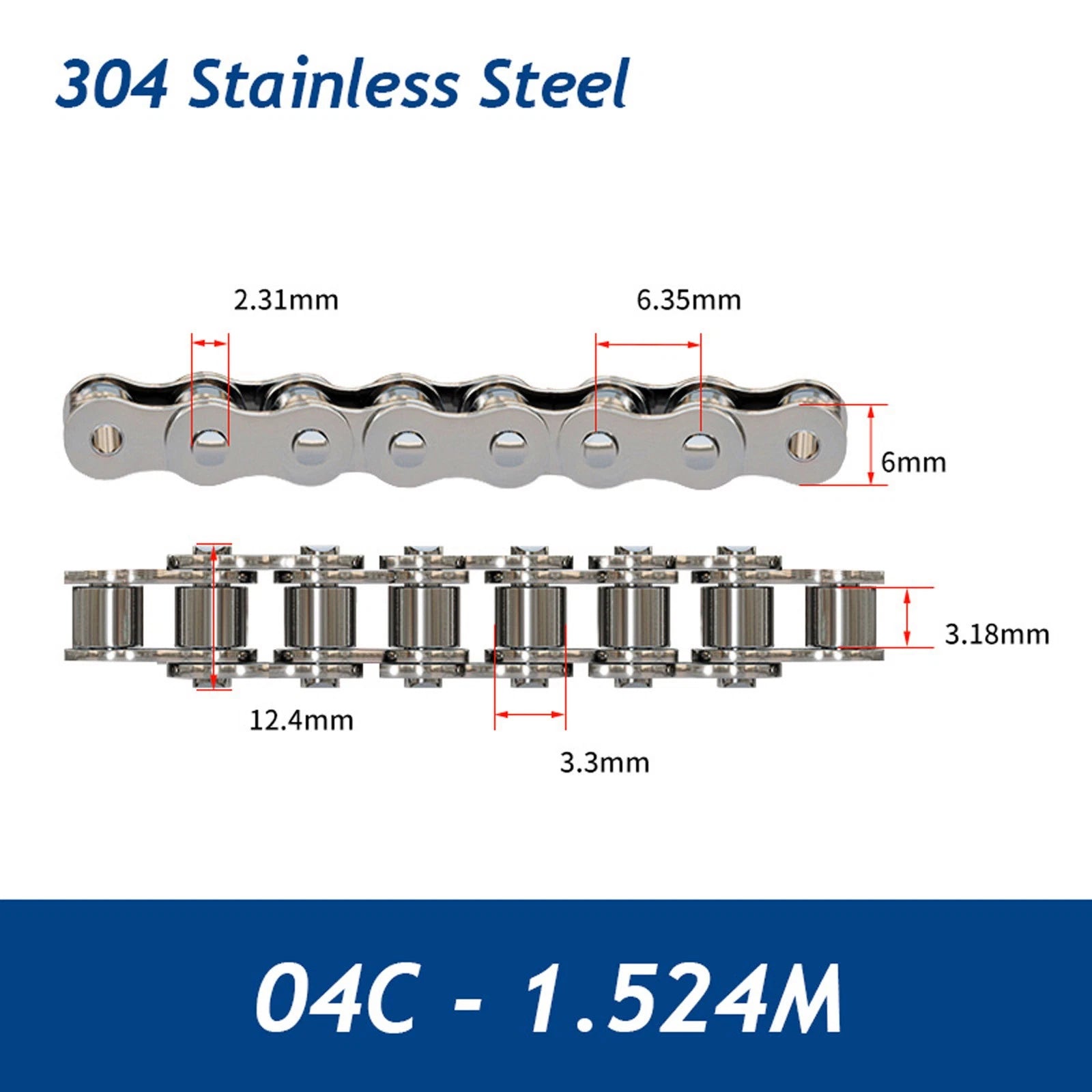 304/201 Stainless Steel Simplex Roller Chain Standard Quality 1M/1.524M All Size