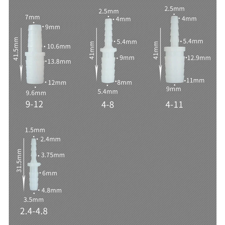 Straight Hose Barb Reducer Connector — Plastic Pipe Fitting 2.4–15.8mm