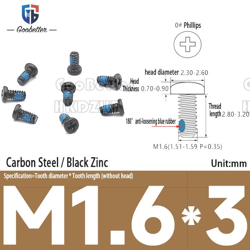 M1.6 & M1.7 Phillips Pan Round Head Machine Screws – Carbon Steel, Brass or Stainless, Lengths 1.5–22mm