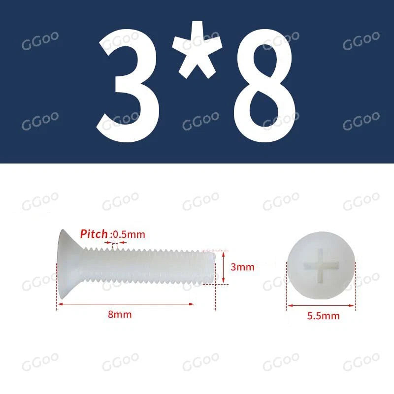 White Nylon Phillips Flat Head Machine Screws DIN 965 — M2.5 M3 M4 M5 M6 M8