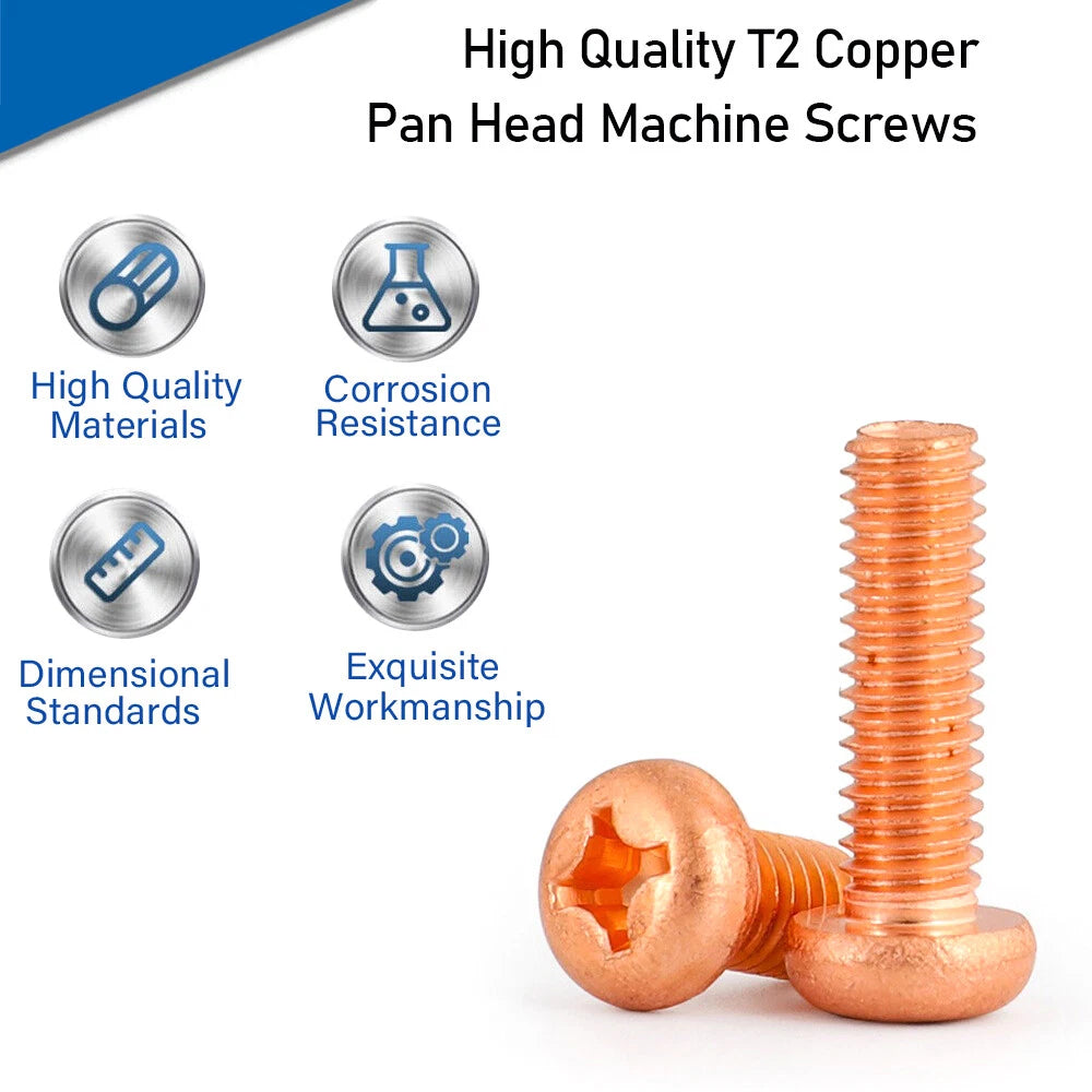 Copper Phillips Pan Head Machine Screws — M2 to M8, Multiple Lengths
