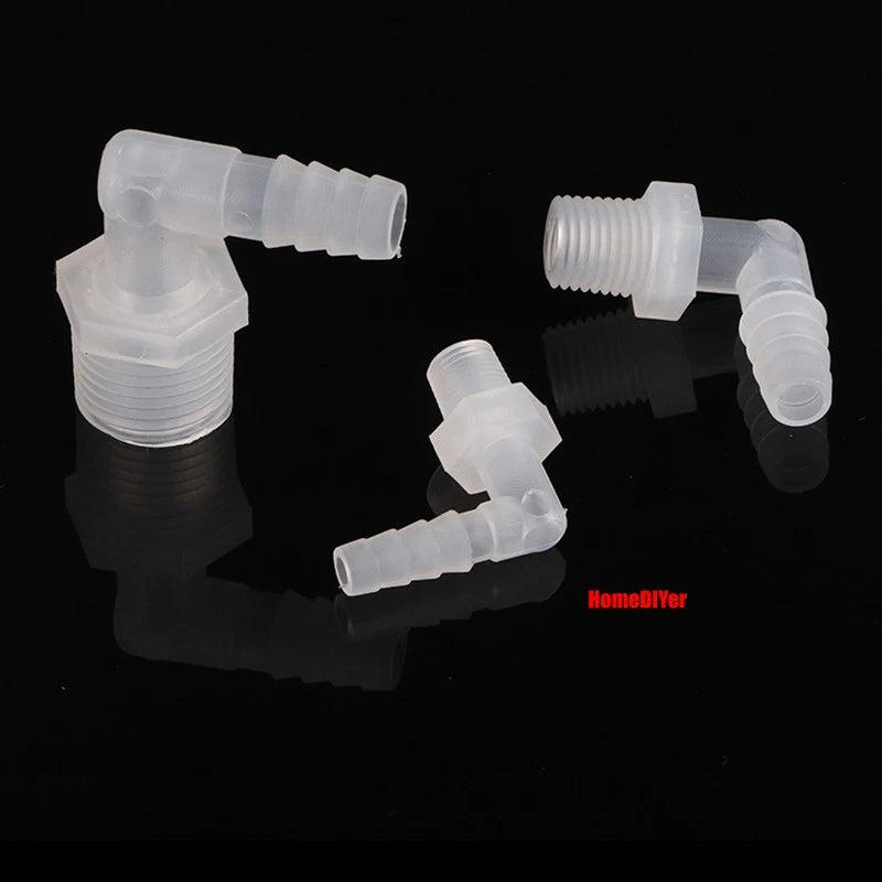 Male Thread Barbed 90° Elbow Hose Connector — Plastic Pipe Fitting with Washer