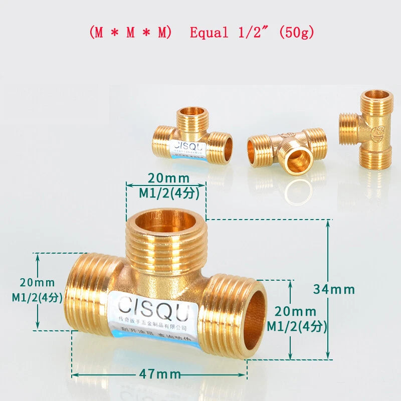 Brass Tee Pipe Fittings – NPT Thread, 1/8" to 2", M/F Configurations