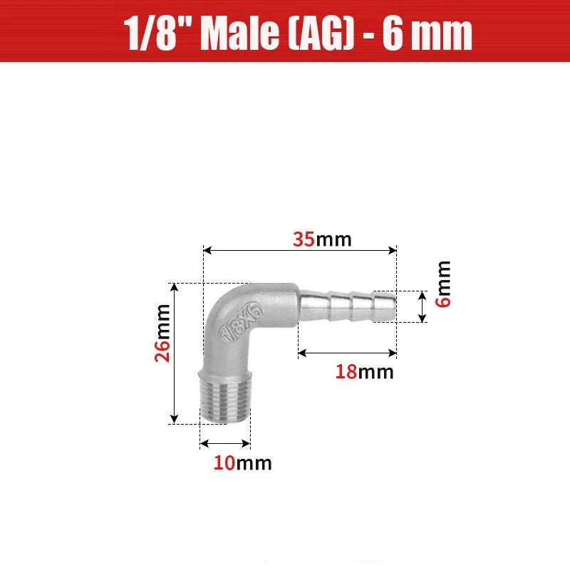 BSP Male Elbow Barbed Hose Connector — Stainless Steel, 1/8" to 1/2", 6–16mm