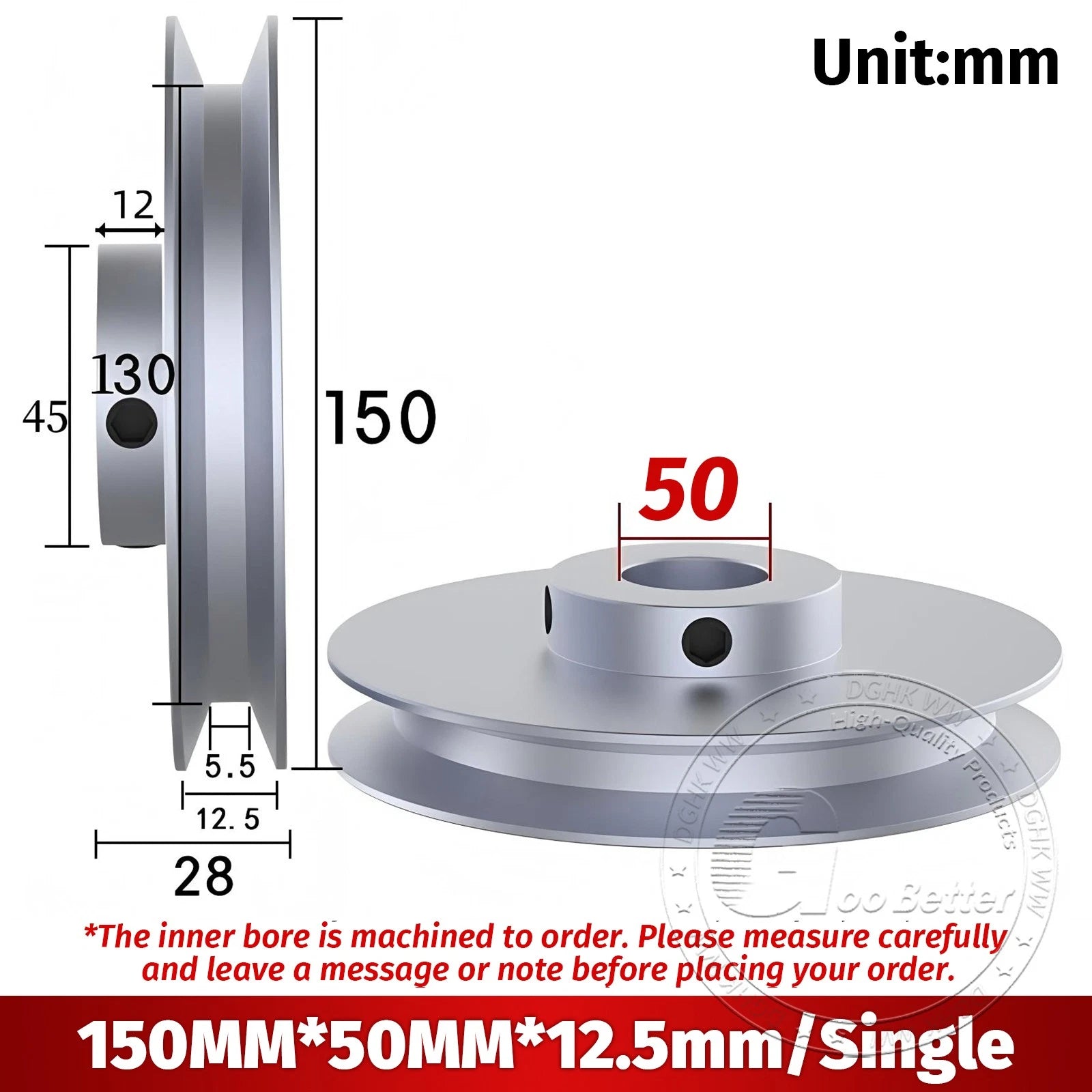 V-Groove Aluminum Drive Pulley For V-Belt Pulleys Groove 12.5mm OD 40mm-150mm