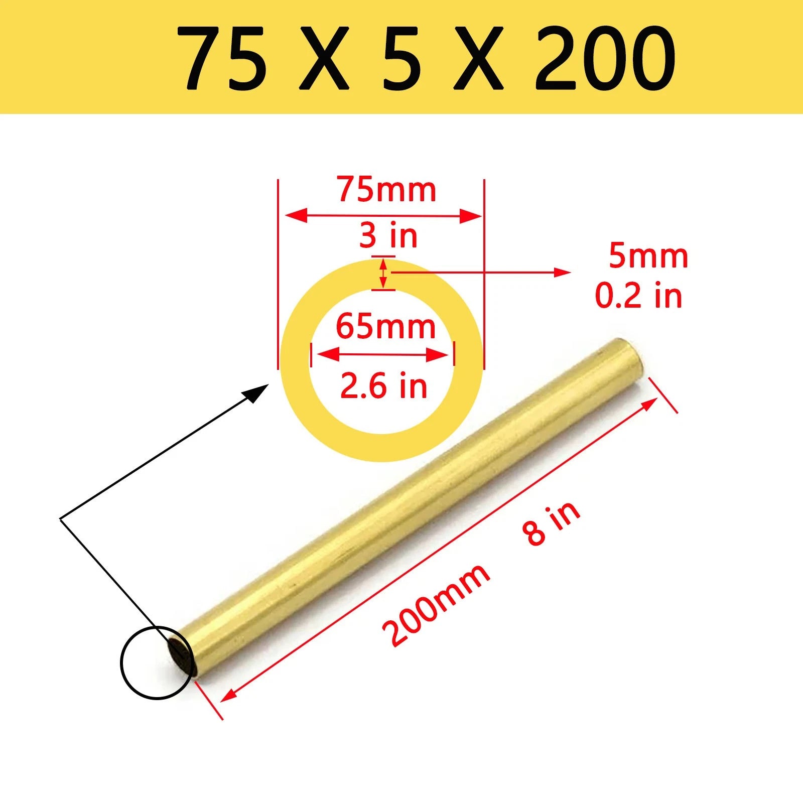 Brass Round Tube Pipe — OD 2mm to 80mm, Wall 0.5mm to 15mm, 200mm Length