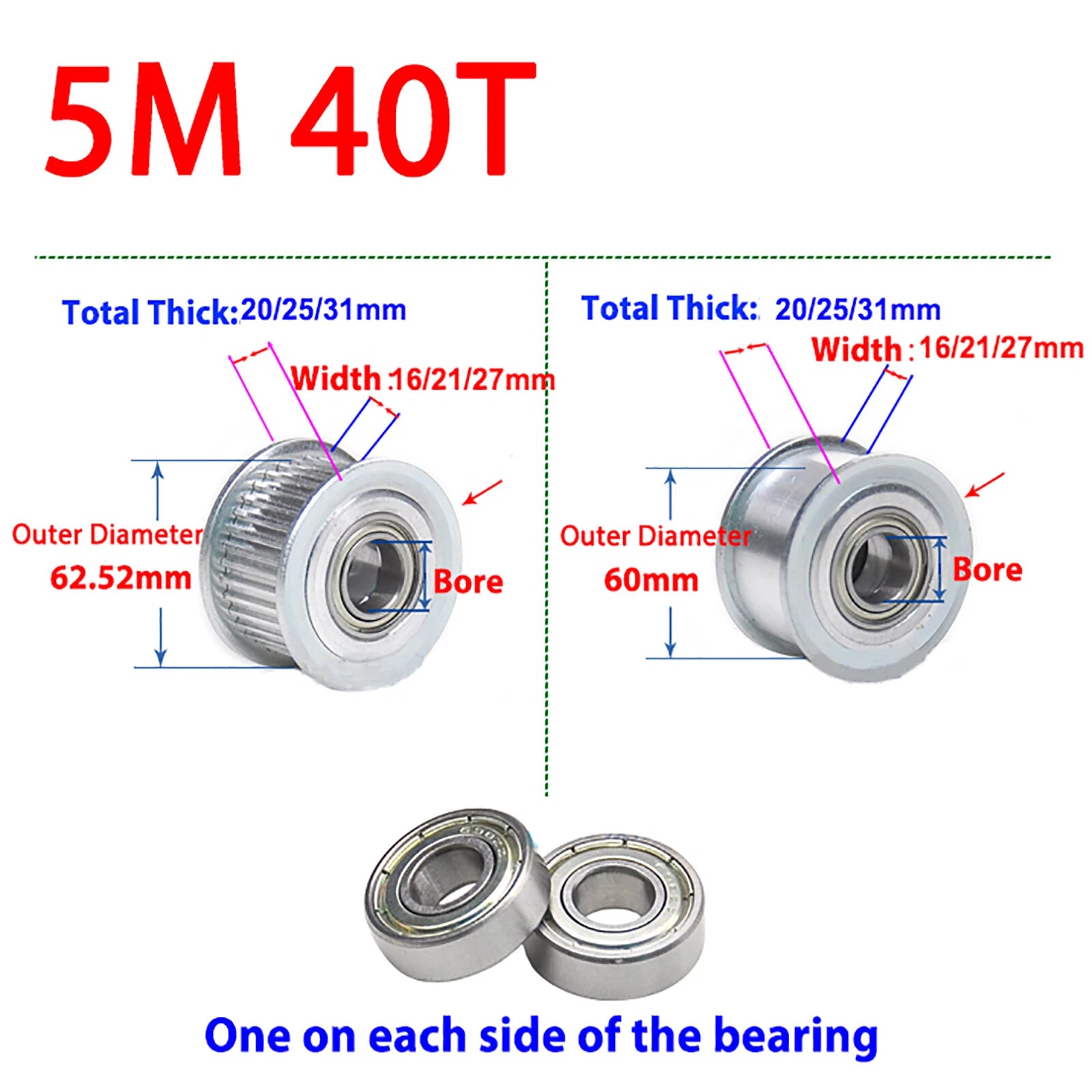 Idler Pulley 5M Timing Belt Pulley Bearing Smooth&Toothed 21mm Width 12-50 Tooth
