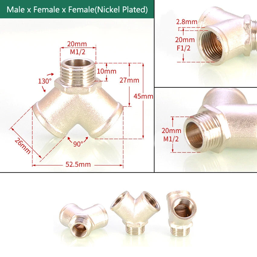 Brass BSP 1/2" Y-Type 3-Way Pipe Fitting — Female & Male Thread Connector Adapter