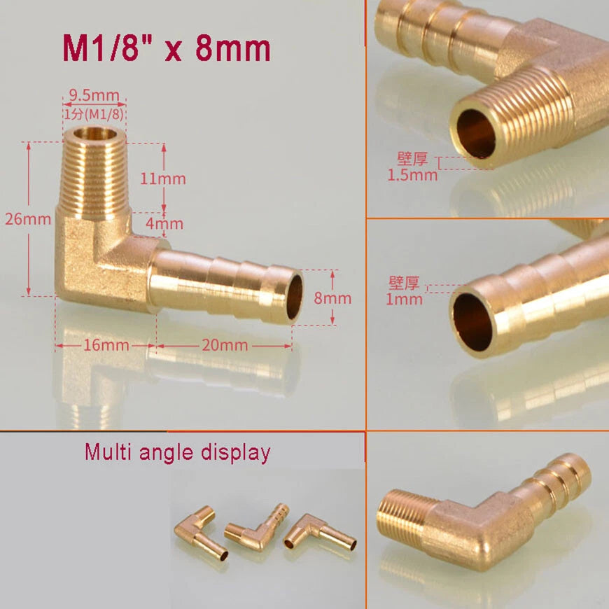Brass BSP Male Elbow Barb Hose Tail Fittings — 1/8" to 3/4" × 6mm–25mm