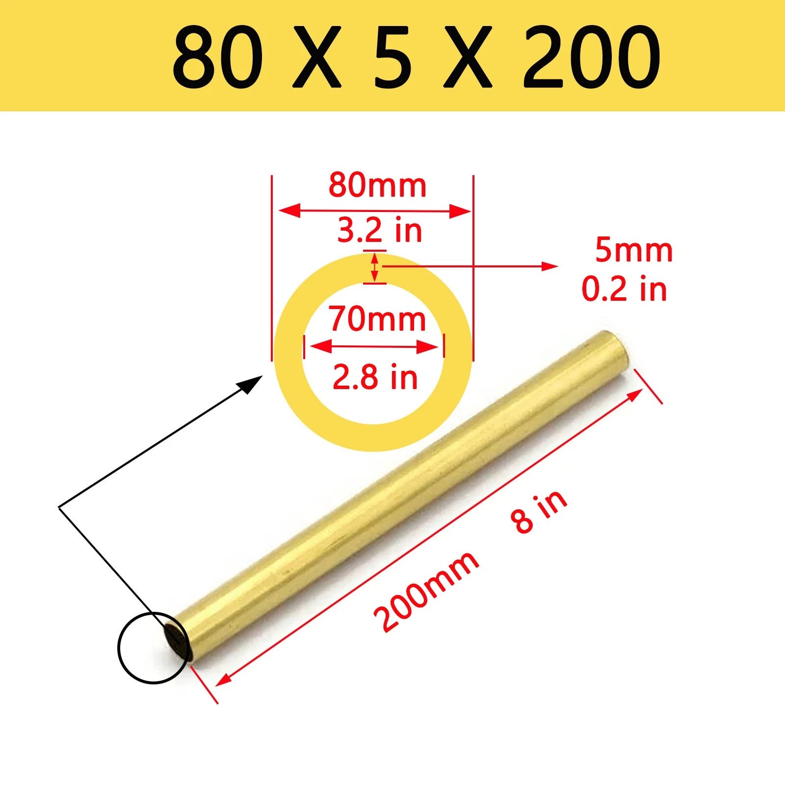 Brass Round Tube Pipe — OD 2mm to 80mm, Wall 0.5mm to 15mm, 200mm Length