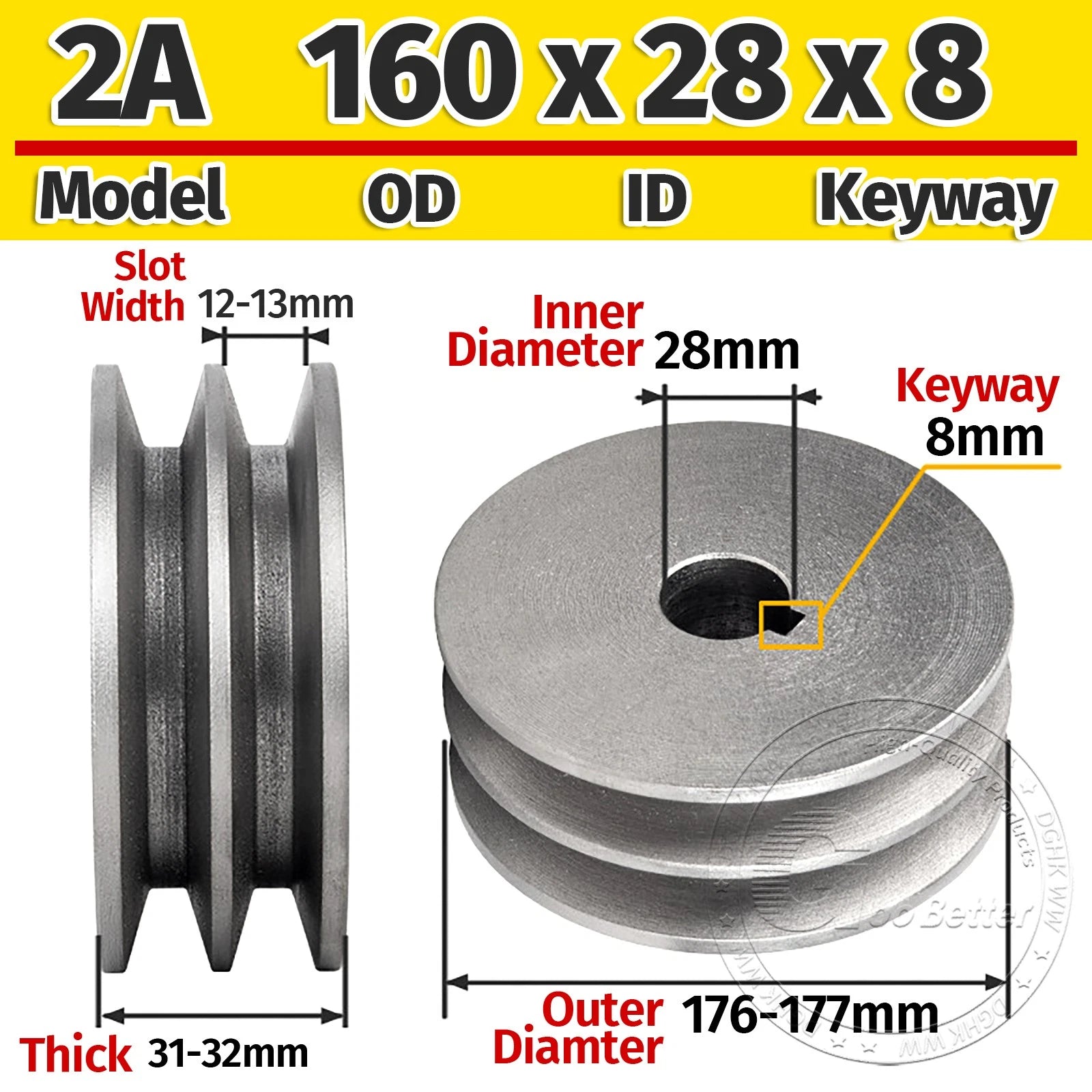 Cast Iron Drive Pulley Double Groove 2A Flat For A/V Belt Pulley OD 60mm-180mm