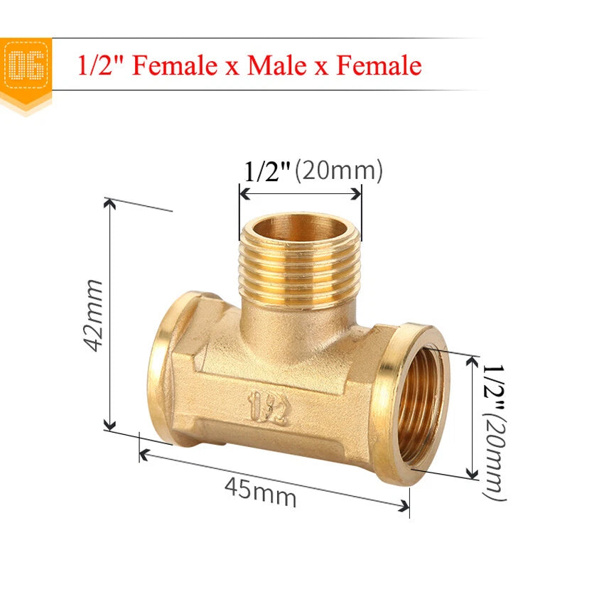 Brass BSP Tee Pipe Fitting — 1/2" to 1" Male & Female Thread T-Connector Adapter