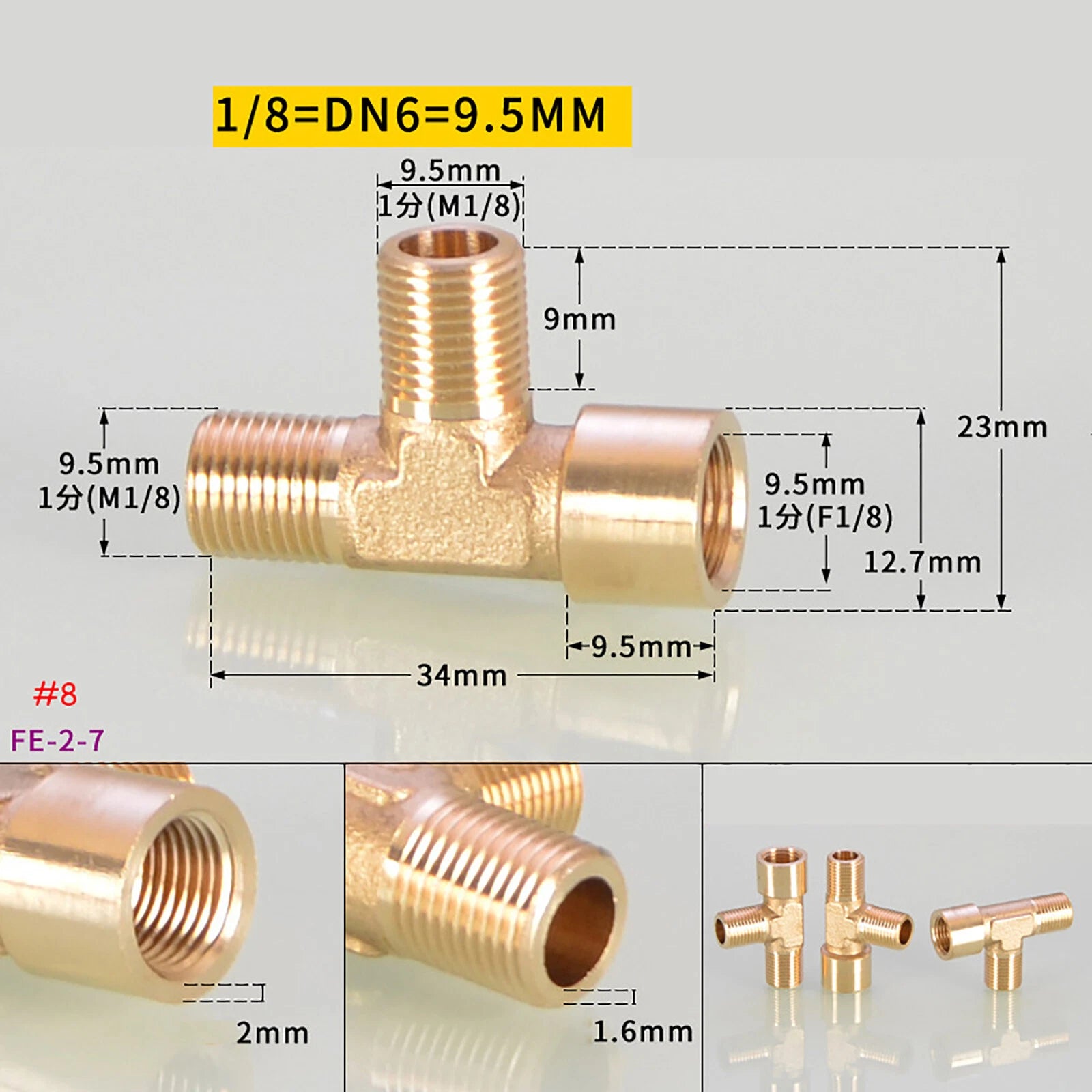BSP Brass Tee Pipe Fittings — Male & Female Thread Combinations, 1/8" to 3/8"