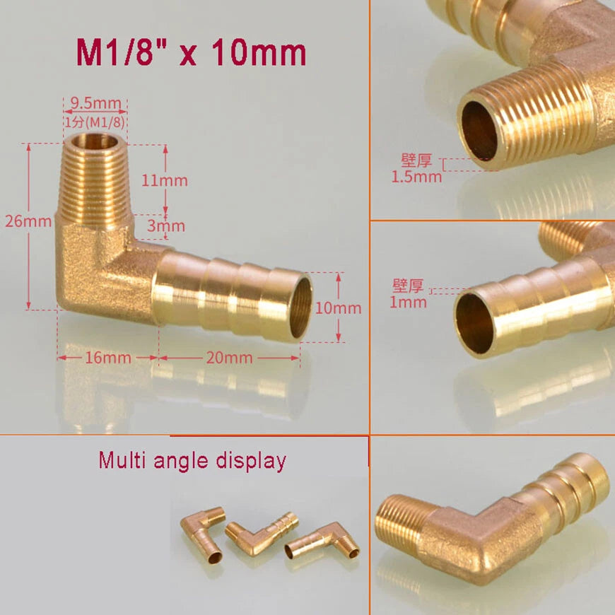 Brass BSP Male Elbow Barb Hose Tail Fittings — 1/8" to 3/4" × 6mm–25mm