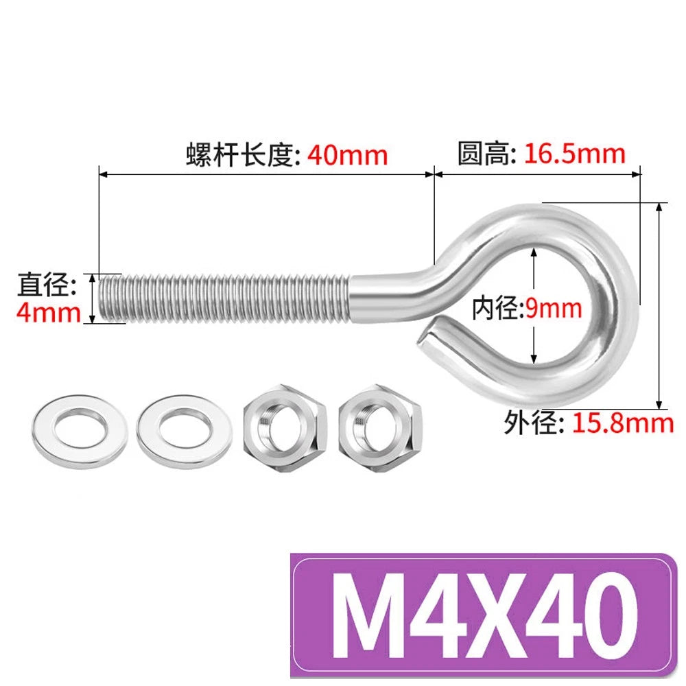 Galvanised Stainless Eye Screws Hooks Eye Bolts Closed Screws Threaded Rings Set