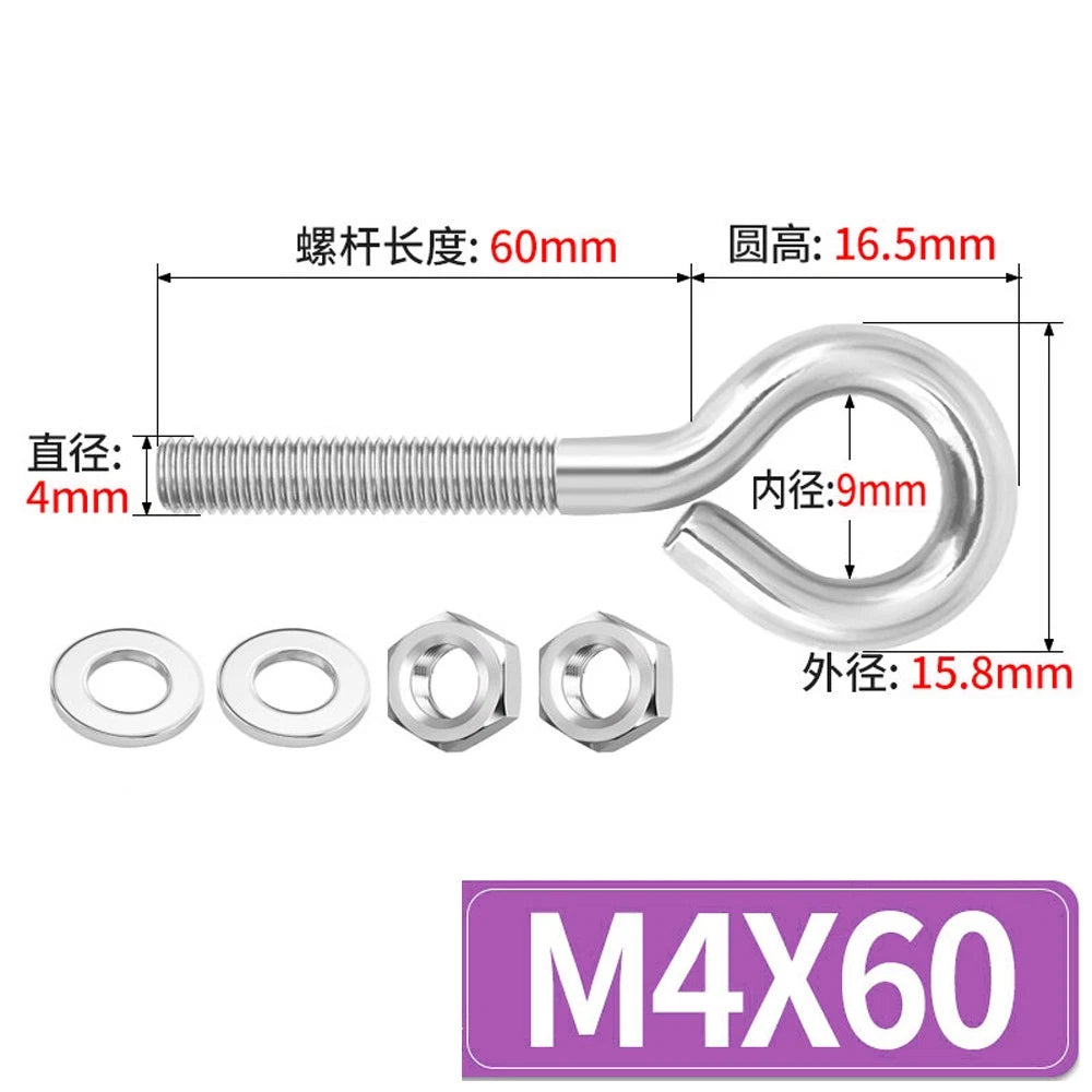 Galvanised Stainless Eye Screws Hooks Eye Bolts Closed Screws Threaded Rings Set