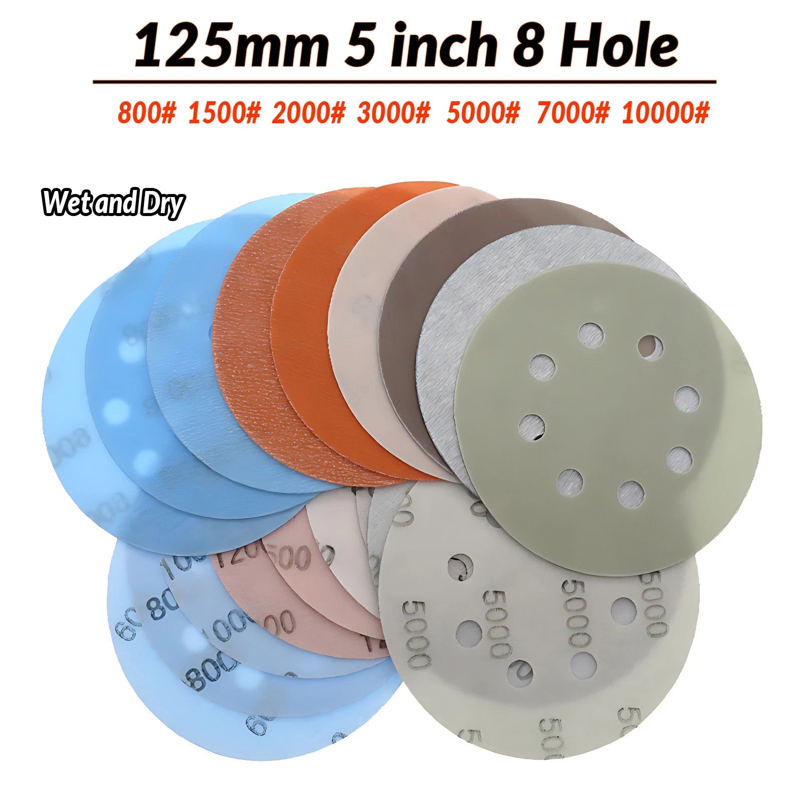 125mm 5/6/8 Hole Wet & Dry Sanding Discs Sandpaper Hook&Loop Pads 600~5000 Grit
