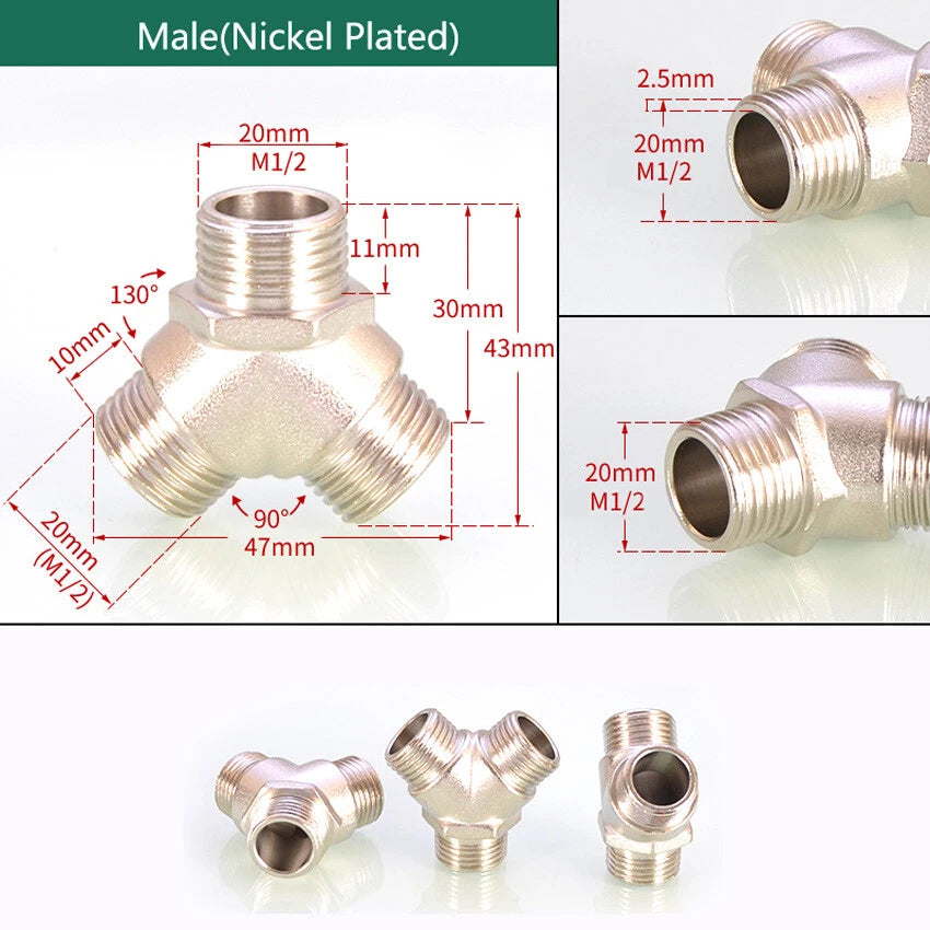 Brass BSP 1/2" Y-Type 3-Way Pipe Fitting — Female & Male Thread Connector Adapter