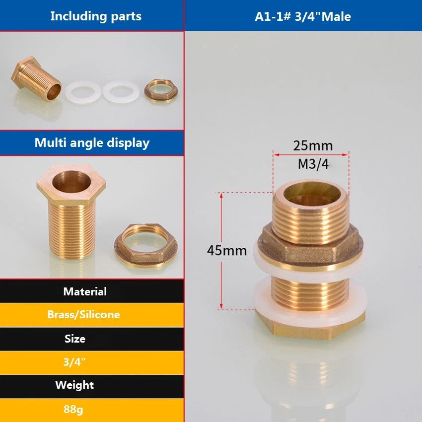 Brass Threaded Water Tank Connector — Male/Female NPT Pipe Fitting for Water Tower & Storage Tank