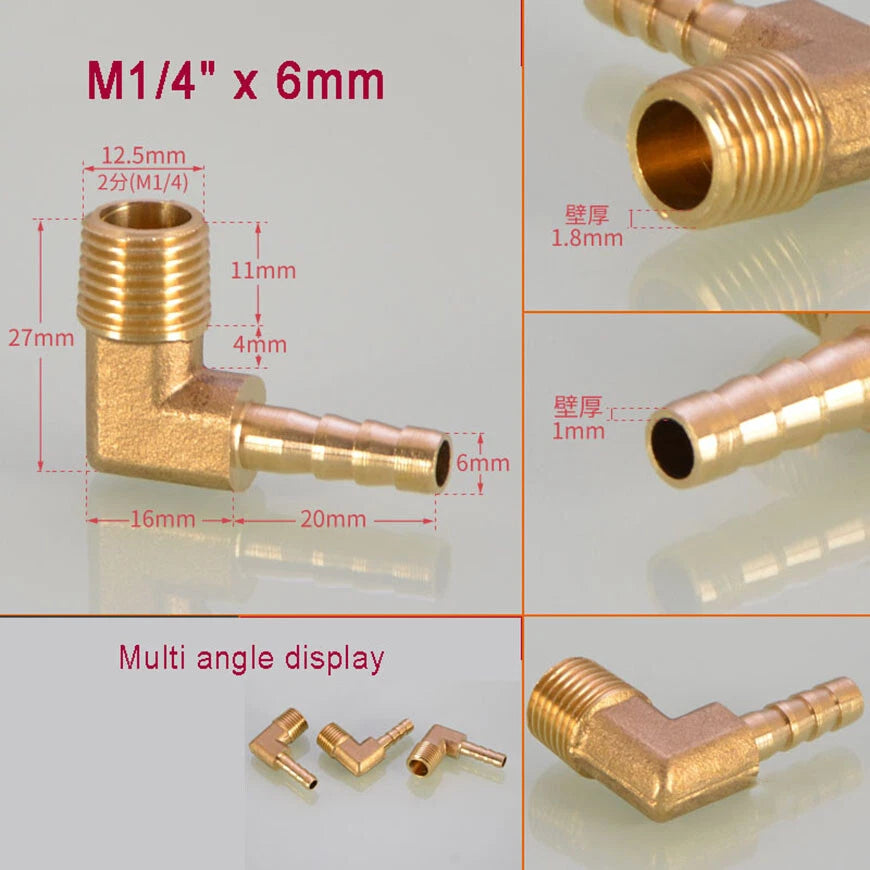 Brass BSP Male Elbow Barb Hose Tail Fittings — 1/8" to 3/4" × 6mm–25mm