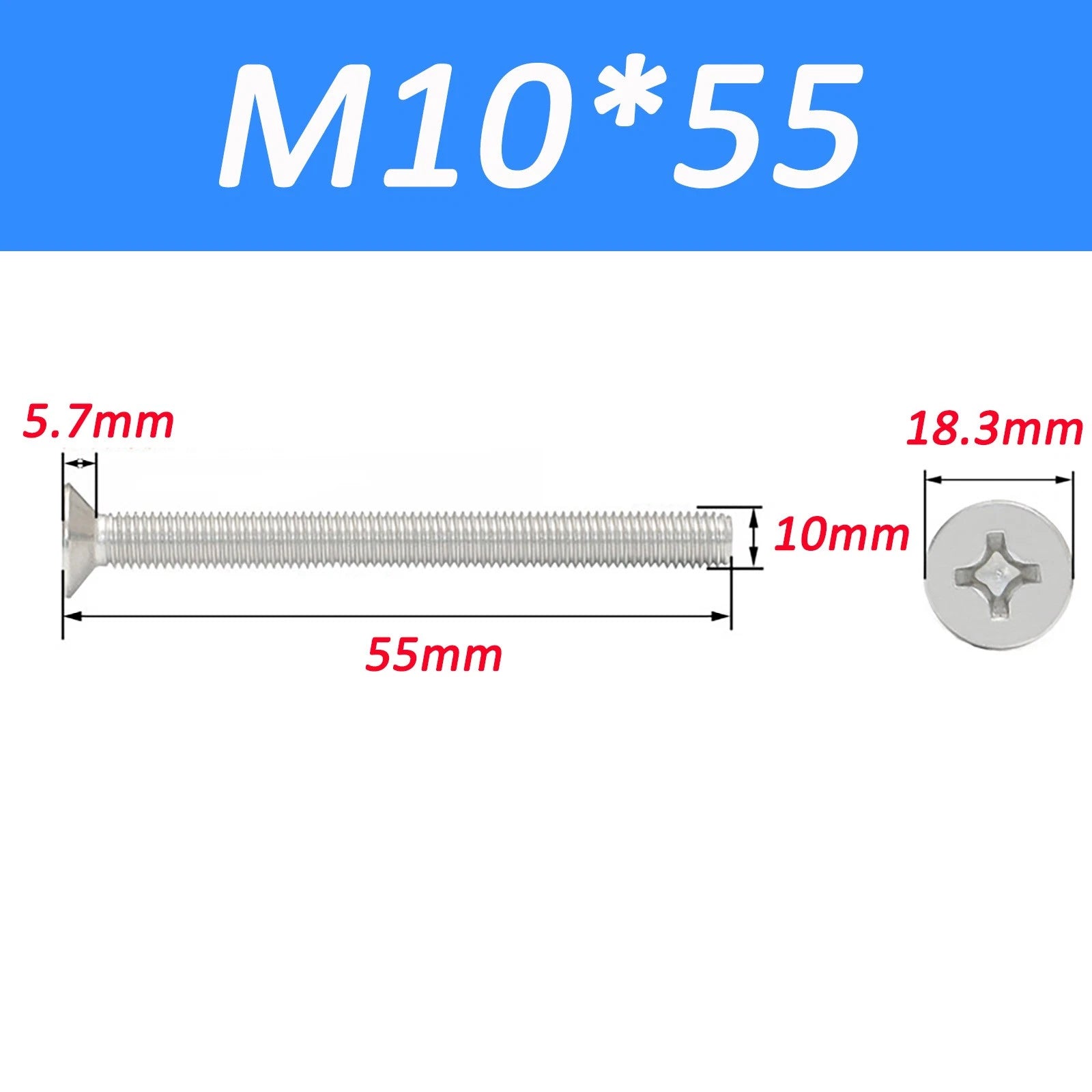 A2 Stainless Steel Countersunk Phillips Machine Screws DIN 965 — Extra Long M2–M12