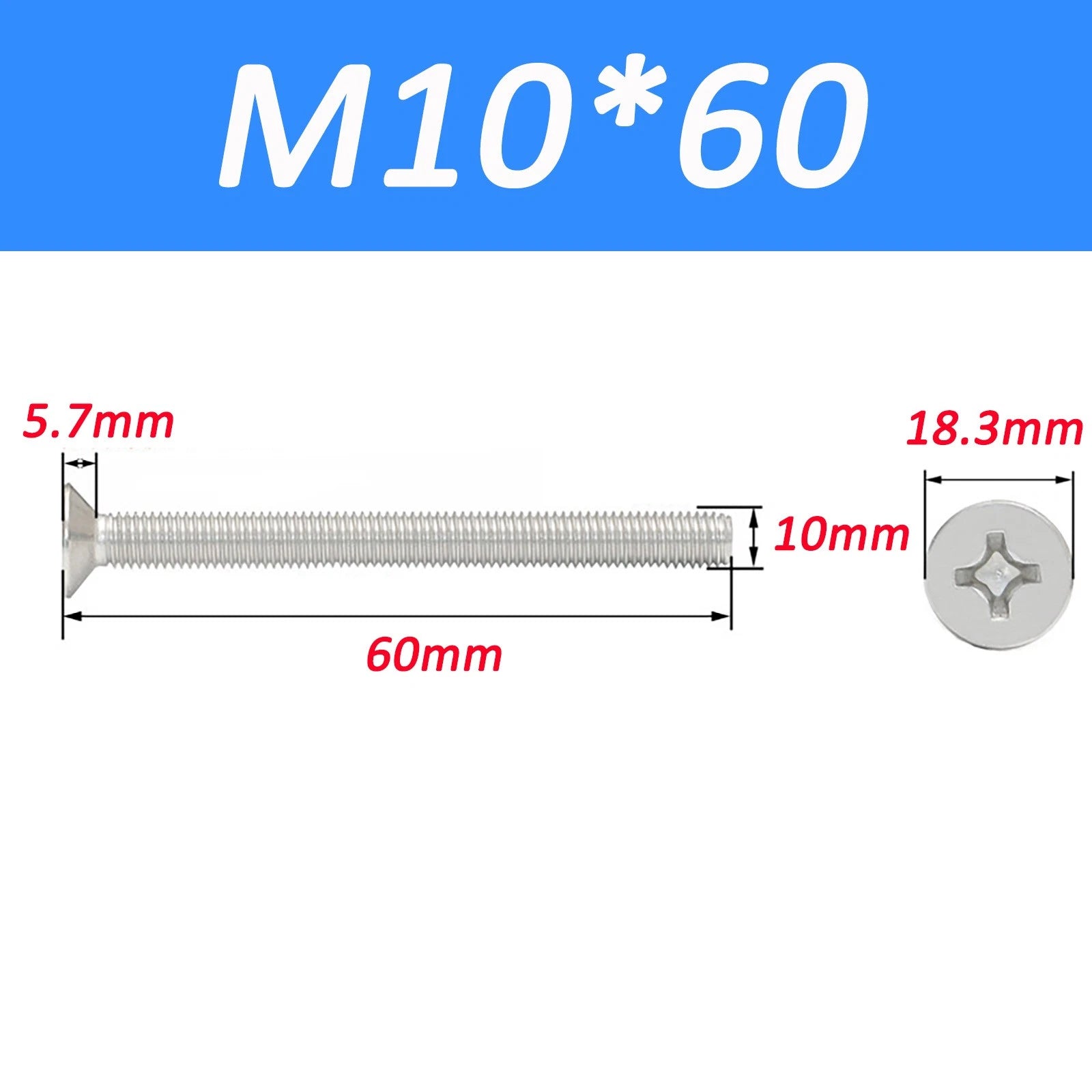 A2 Stainless Steel Countersunk Phillips Machine Screws DIN 965 — Extra Long M2–M12