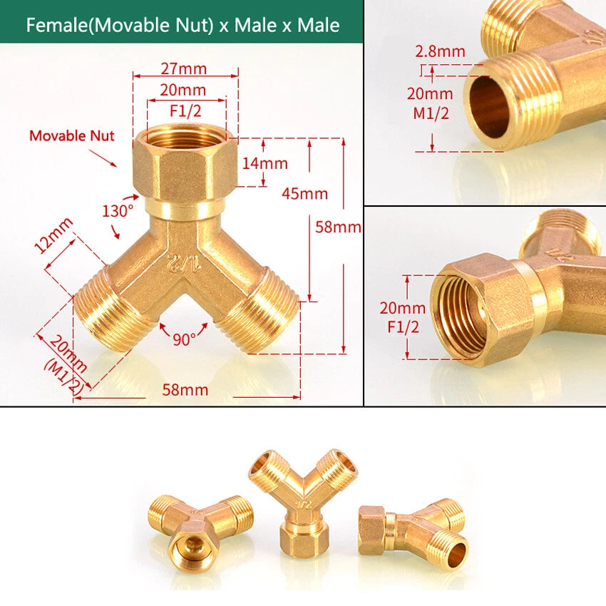 Brass BSP 1/2" Y-Type 3-Way Pipe Fitting — Female & Male Thread Connector Adapter
