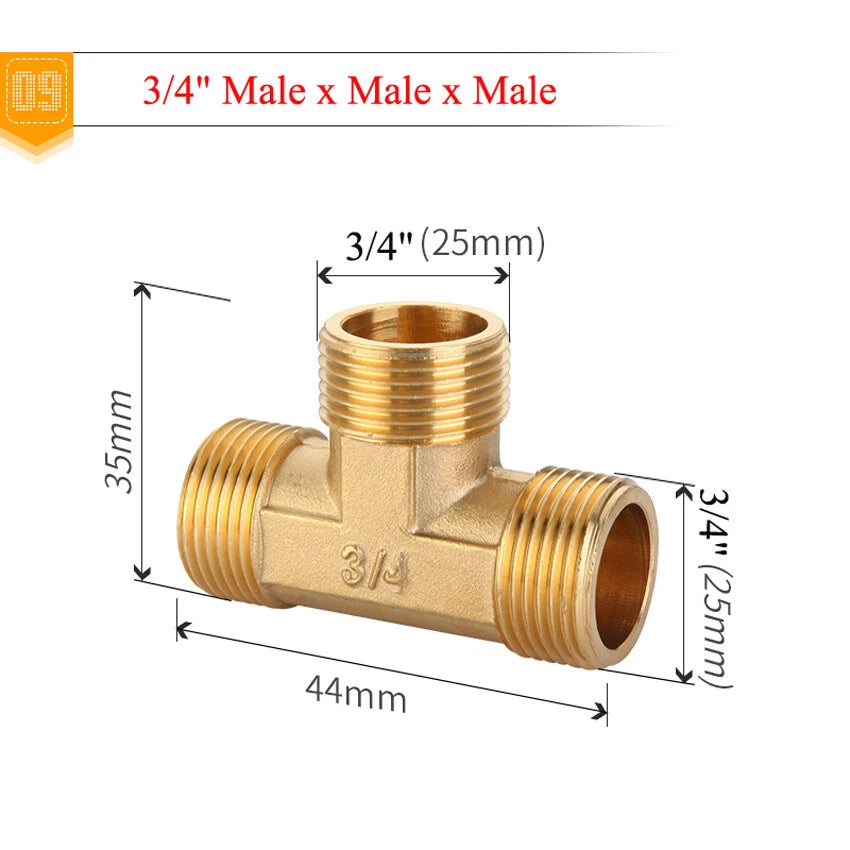Brass BSP Tee Pipe Fitting — 1/2" to 1" Male & Female Thread T-Connector Adapter
