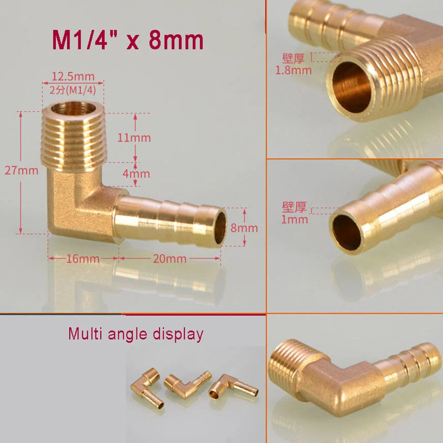 Brass BSP Male Elbow Barb Hose Tail Fittings — 1/8" to 3/4" × 6mm–25mm
