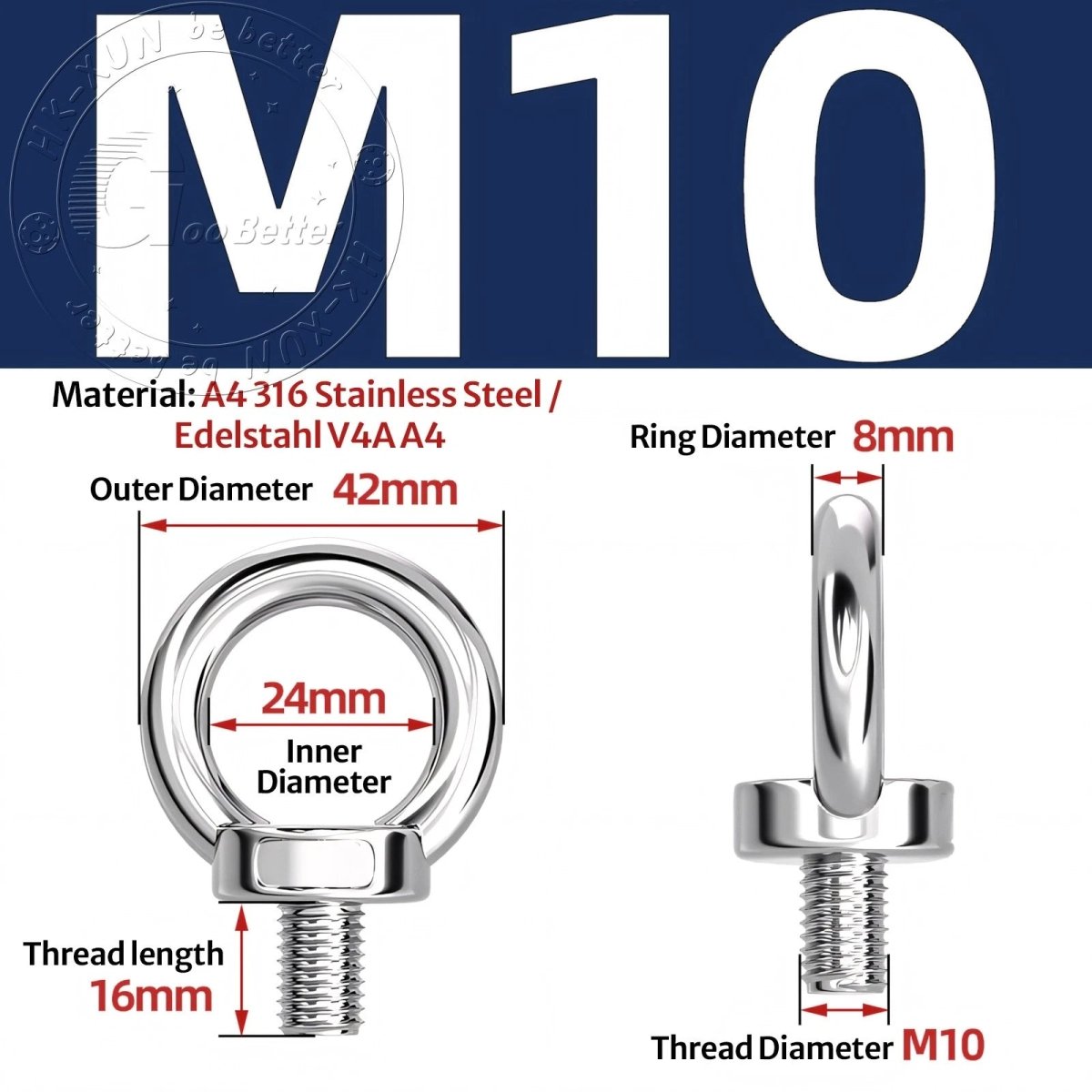 Stainless Steel Eye Bolts & Eye Nuts — A4 316 Metric Thread M6 to M36 - HomeDIYer