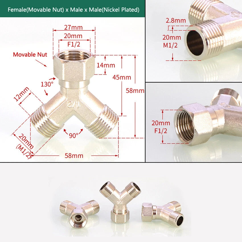 Brass BSP 1/2" Y-Type 3-Way Pipe Fitting — Female & Male Thread Connector Adapter