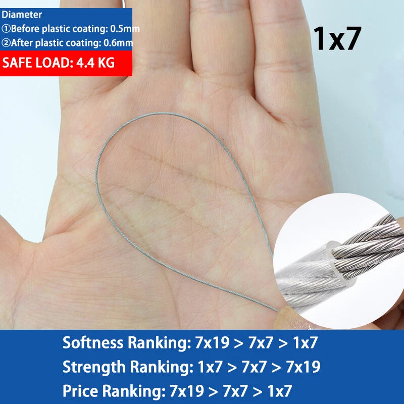 0.27-0.5 Ø 1x7 PVC Plastic Coated 304 Stainless Steel Wire Rope Metal Cable Rope