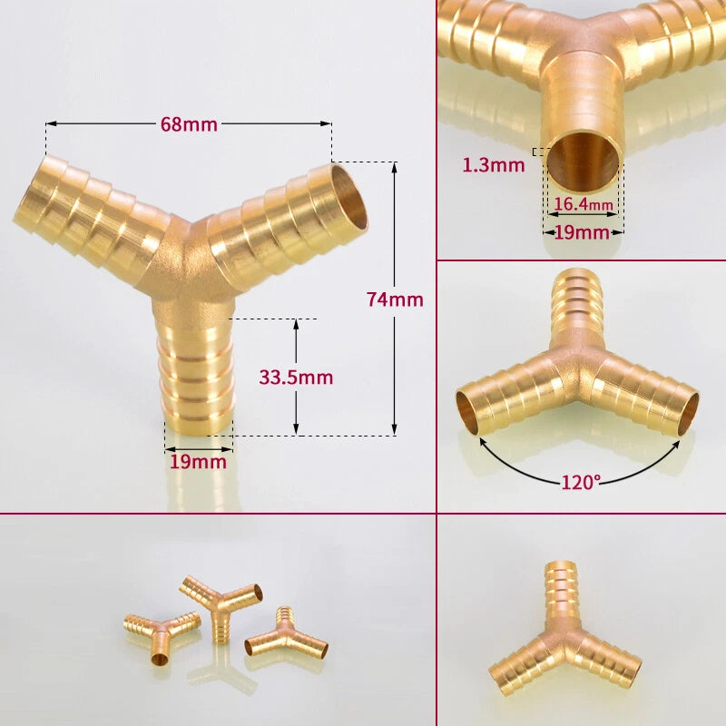 Brass Y-Piece 3-Way Reducer Joiner — Air Gas Fuel Water Pipe Fitting OD 4mm–19mm