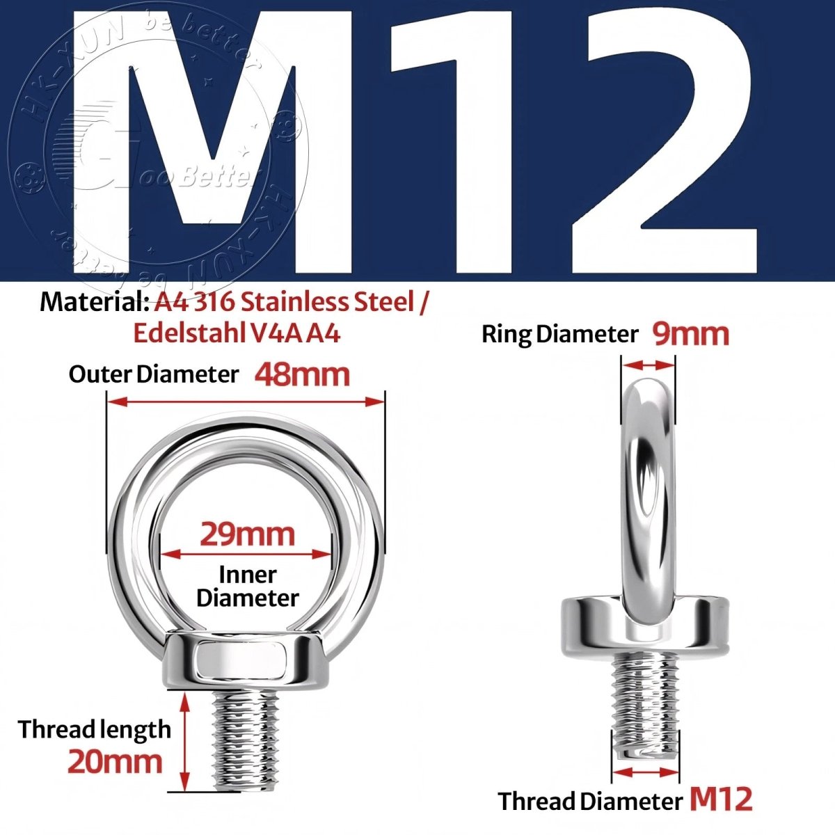 Stainless Steel Eye Bolts & Eye Nuts — A4 316 Metric Thread M6 to M36 - HomeDIYer