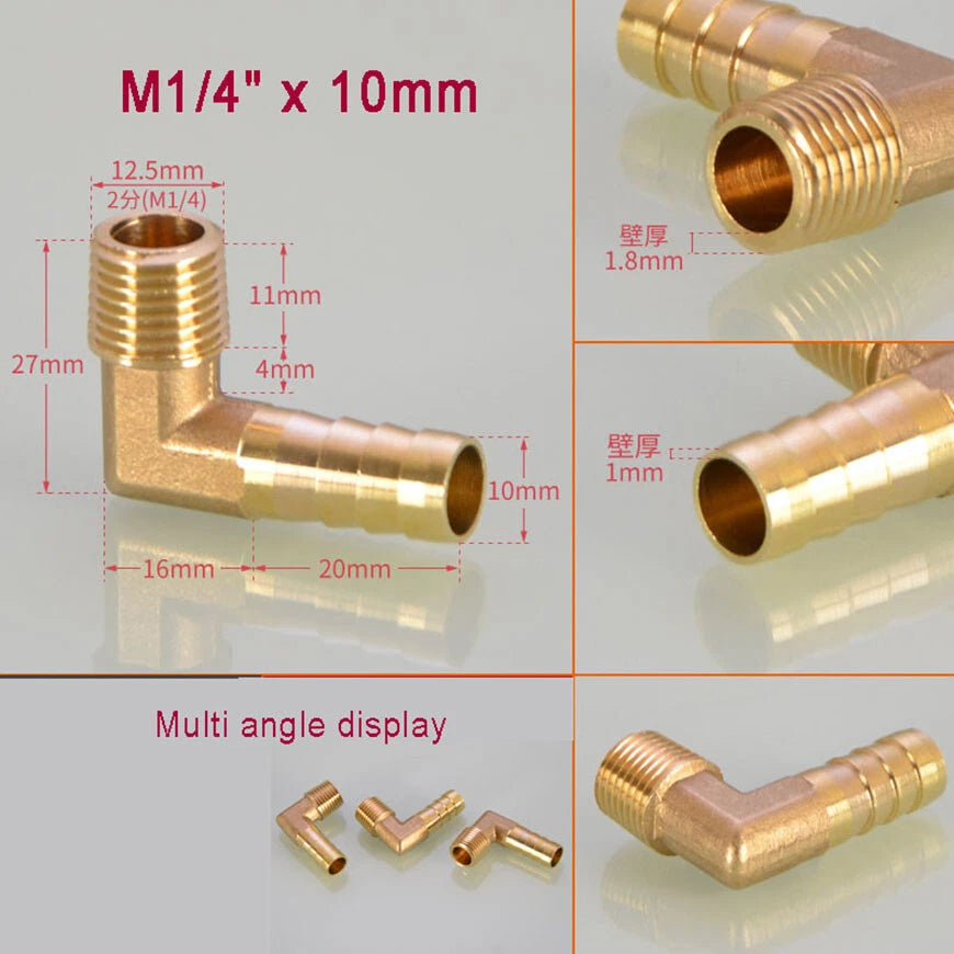 Brass BSP Male Elbow Barb Hose Tail Fittings — 1/8" to 3/4" × 6mm–25mm