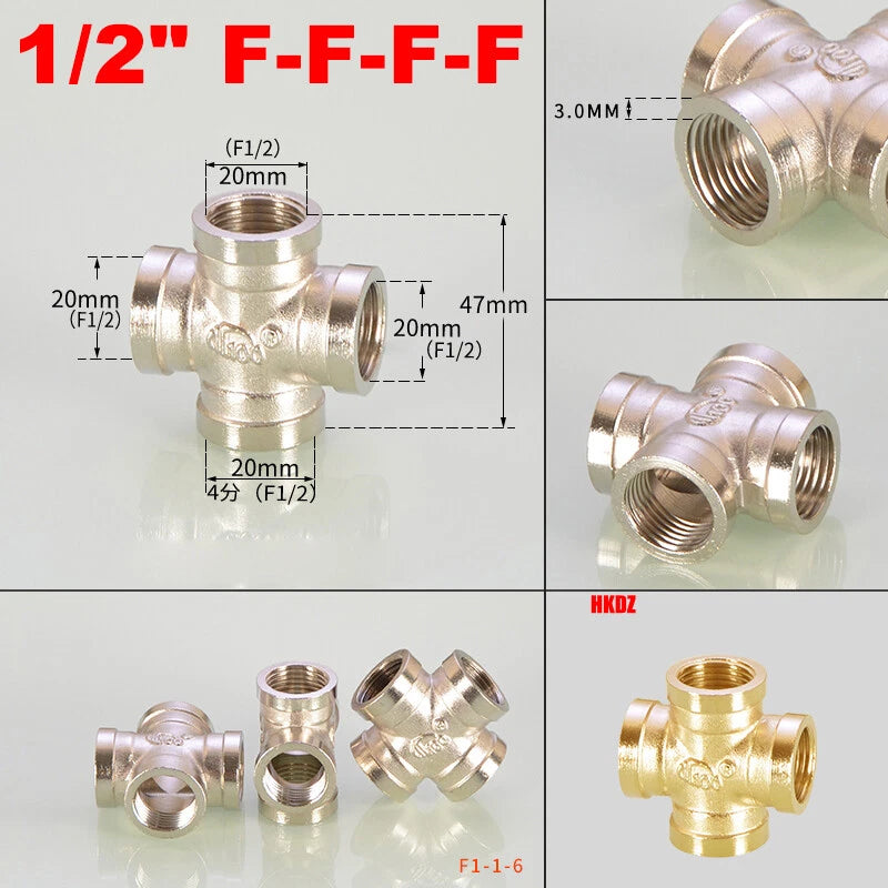 Brass 4-Way Cross Pipe Fitting — 1/2" & 3/4" Male or Female Thread, Water Air Gas