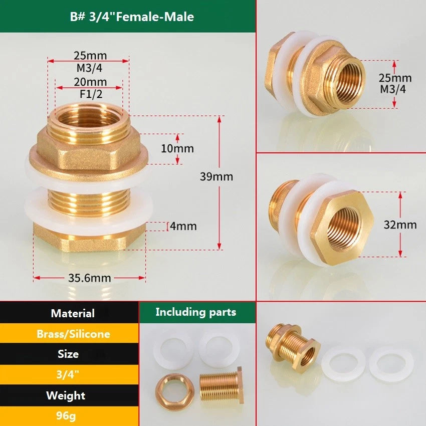 Brass Threaded Water Tank Connector — Male/Female NPT Pipe Fitting for Water Tower & Storage Tank