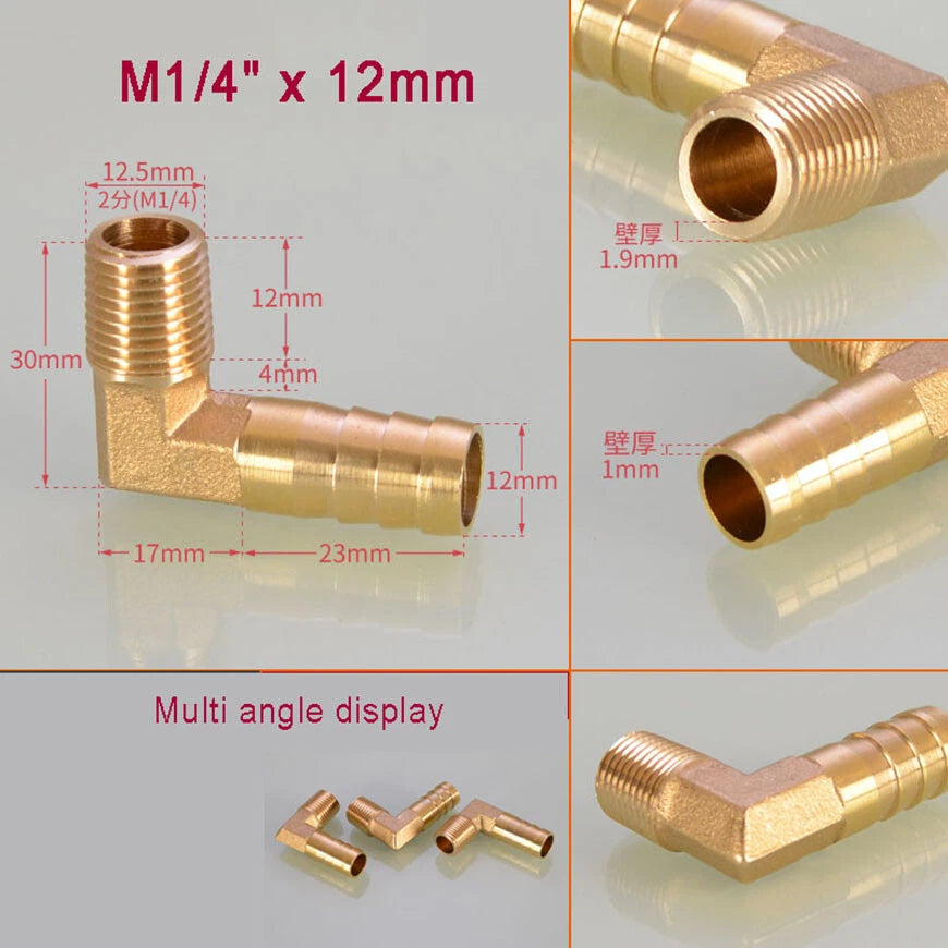 Brass BSP Male Elbow Barb Hose Tail Fittings — 1/8" to 3/4" × 6mm–25mm