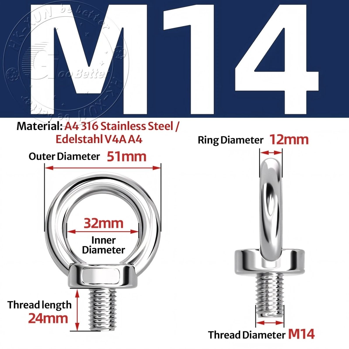 Stainless Steel Eye Bolts & Eye Nuts — A4 316 Metric Thread M6 to M36 - HomeDIYer