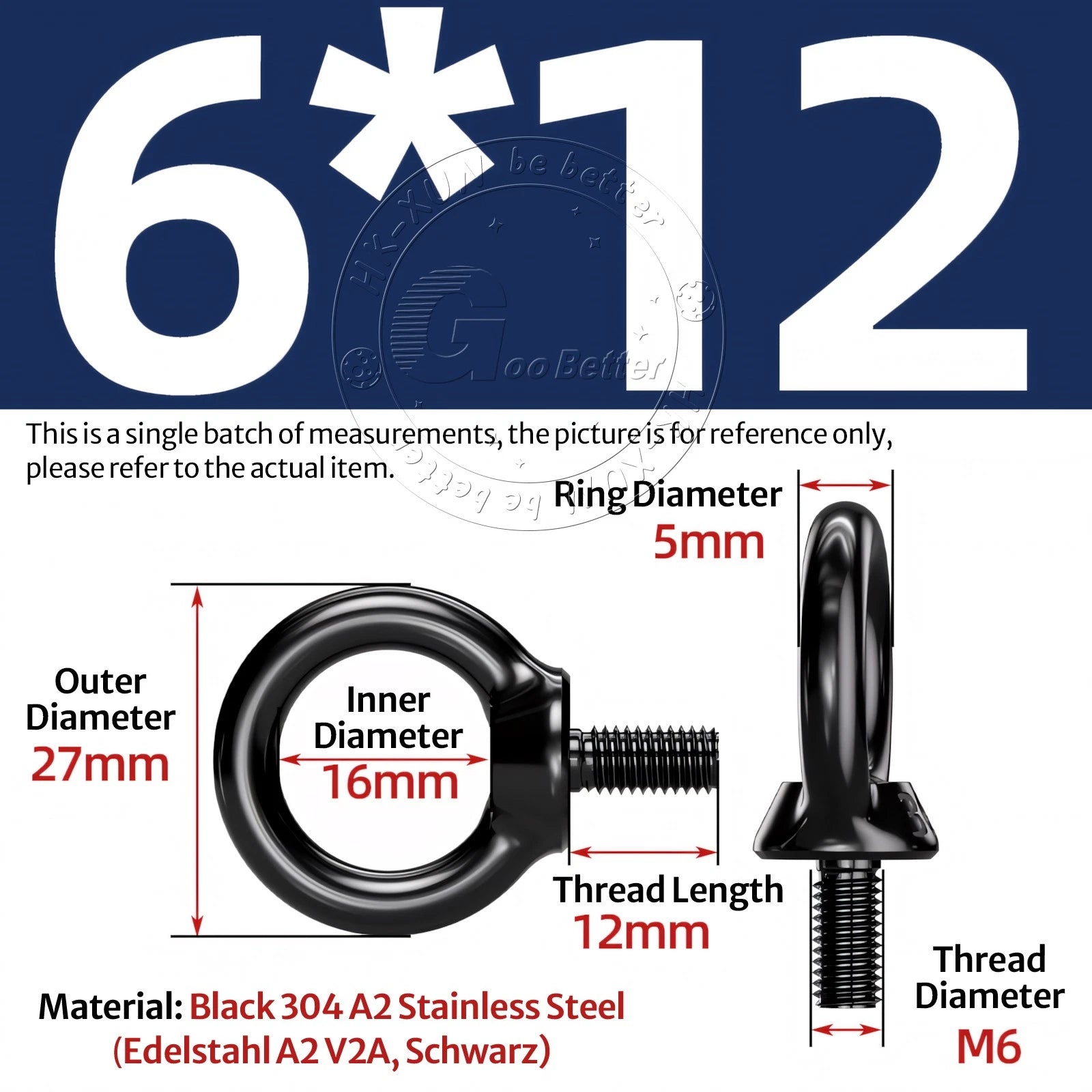 A2 304 Grade Black Stainless Steel Lifting Eye Nuts-Bolts M3 M4 M5 M6 M8 - M24