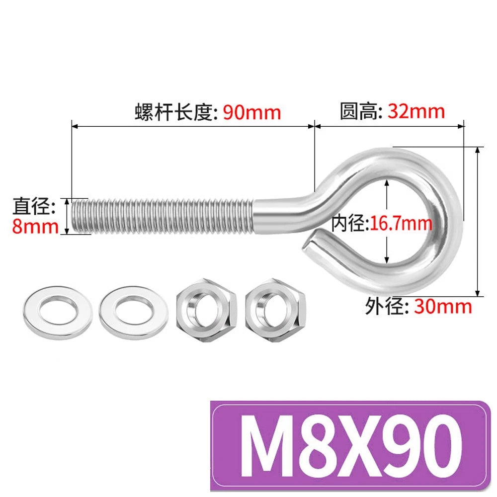 Galvanised Stainless Eye Screws Hooks Eye Bolts Closed Screws Threaded Rings Set