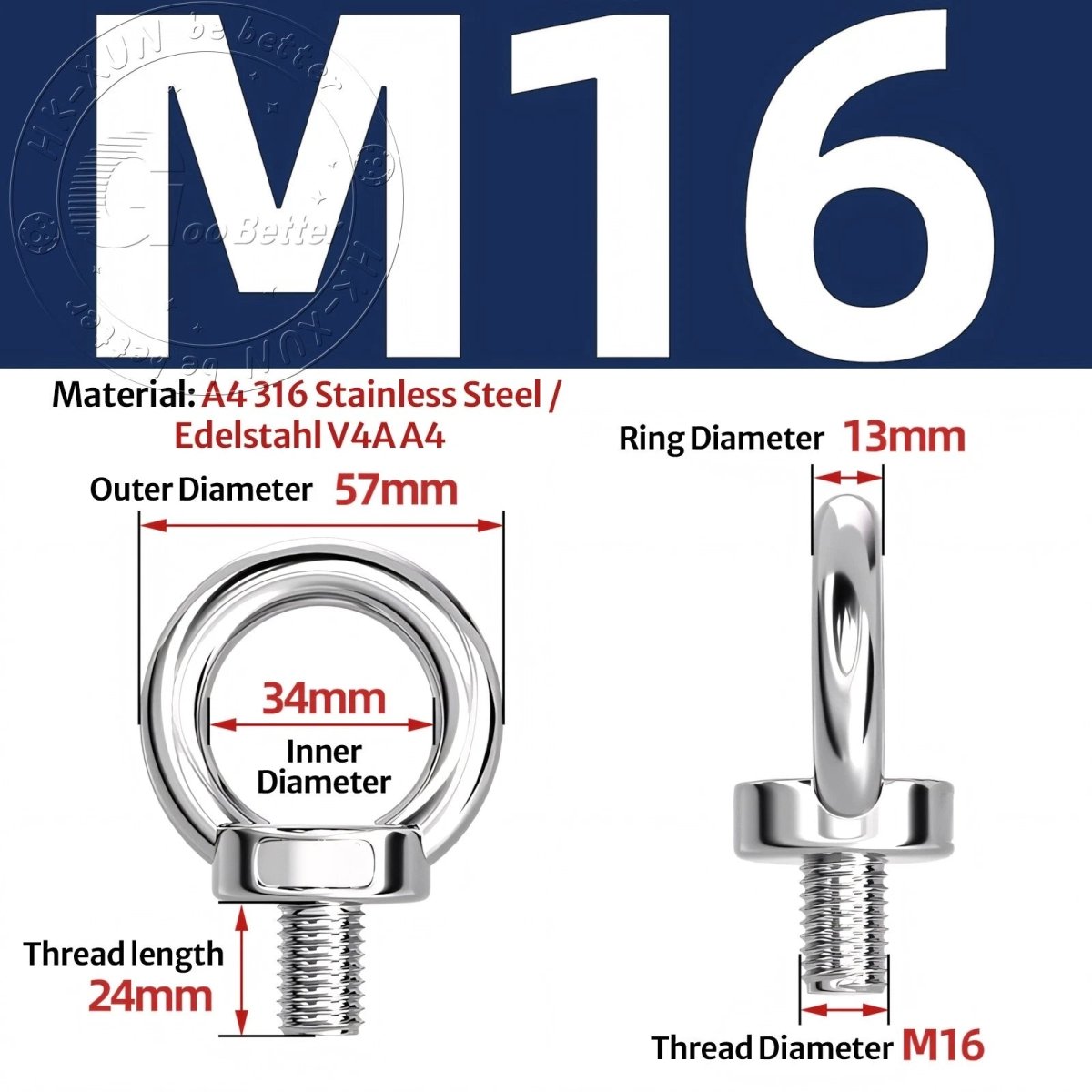 Stainless Steel Eye Bolts & Eye Nuts — A4 316 Metric Thread M6 to M36 - HomeDIYer