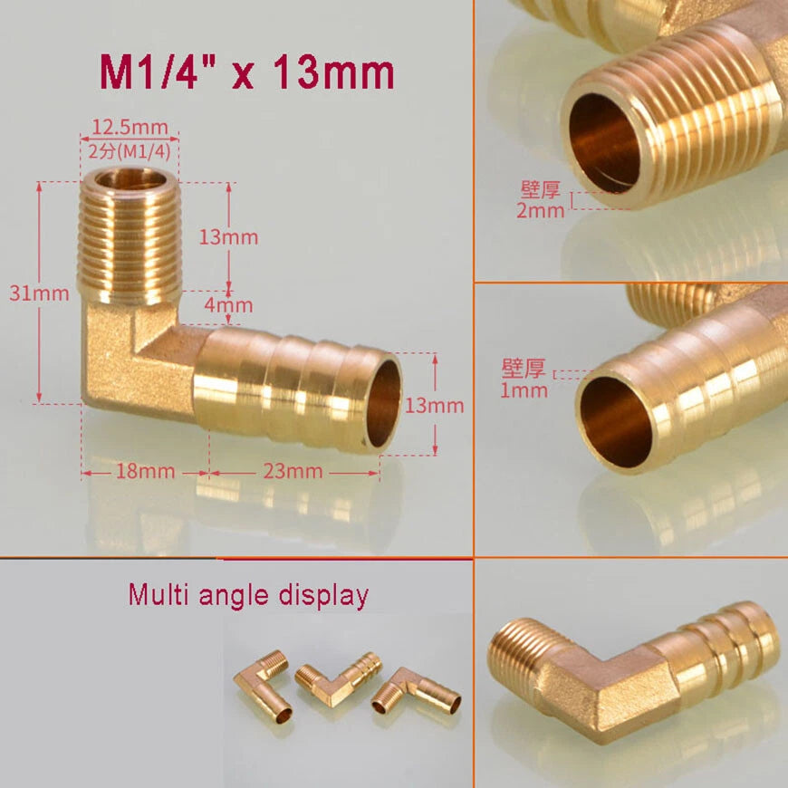 Brass BSP Male Elbow Barb Hose Tail Fittings — 1/8" to 3/4" × 6mm–25mm