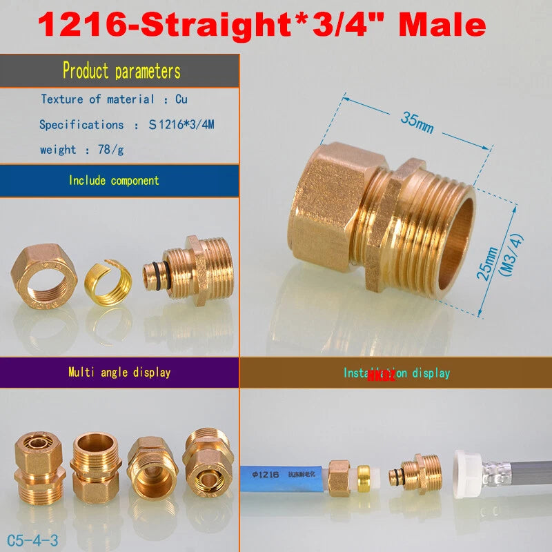 Push-Fit Tube Fittings for 12mm & 16mm Pipe — Straight, Elbow, Tee, Ball Valve, 1/2" & 3/4" NPT