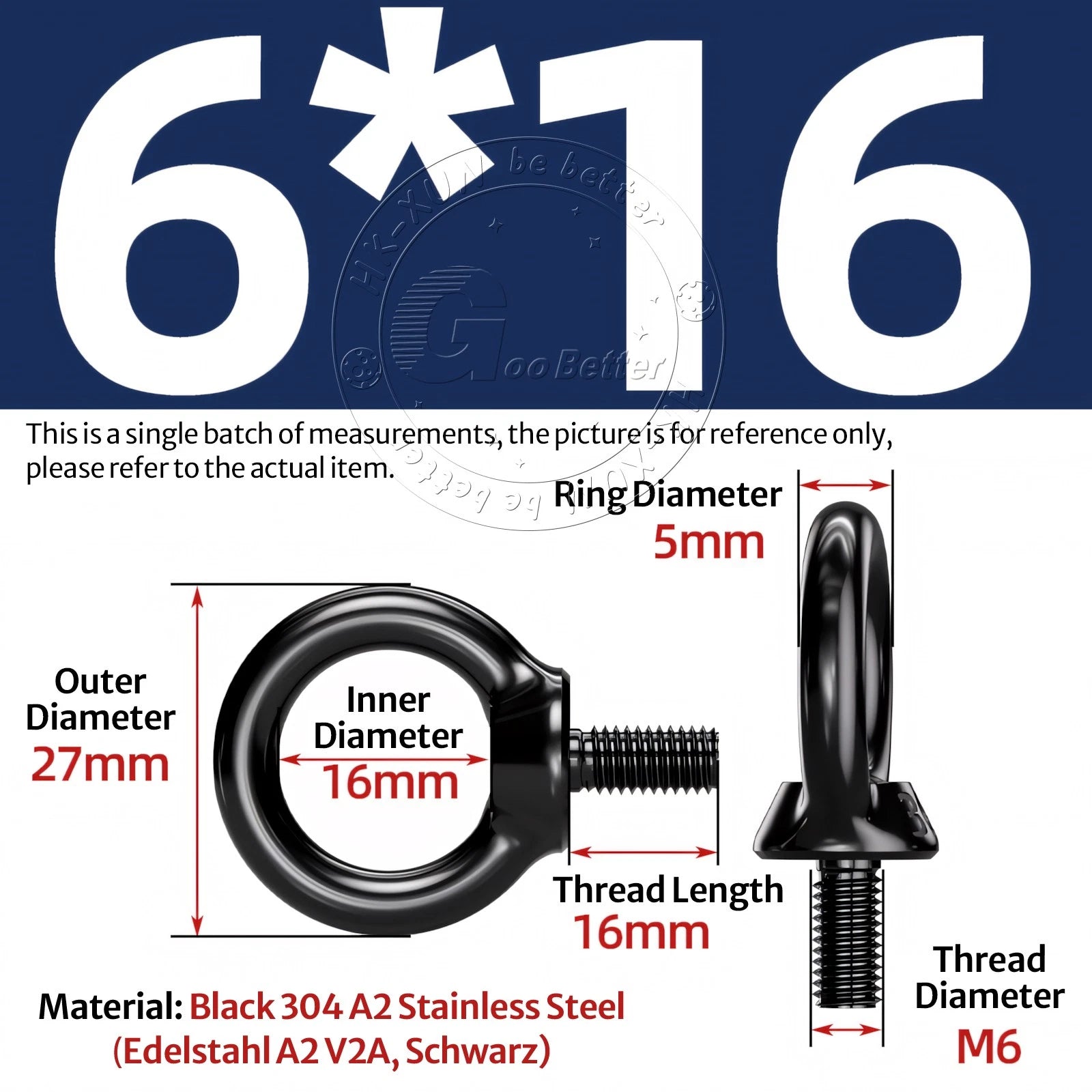 A2 304 Grade Black Stainless Steel Lifting Eye Nuts-Bolts M3 M4 M5 M6 M8 - M24